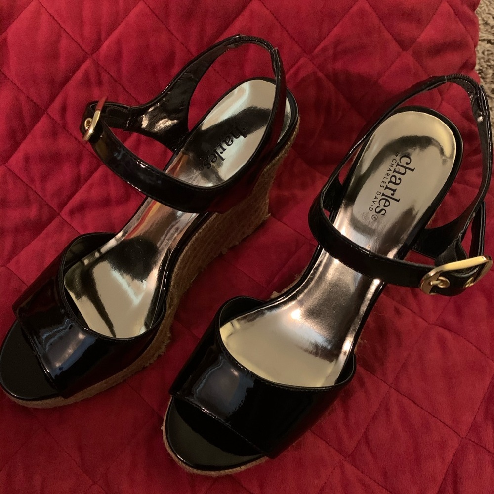 Charles David Black patent leather wedges size 8.5